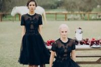 a midi and maxi A-line black bridesmaid dress with lace appliques and embellishments for Halloween