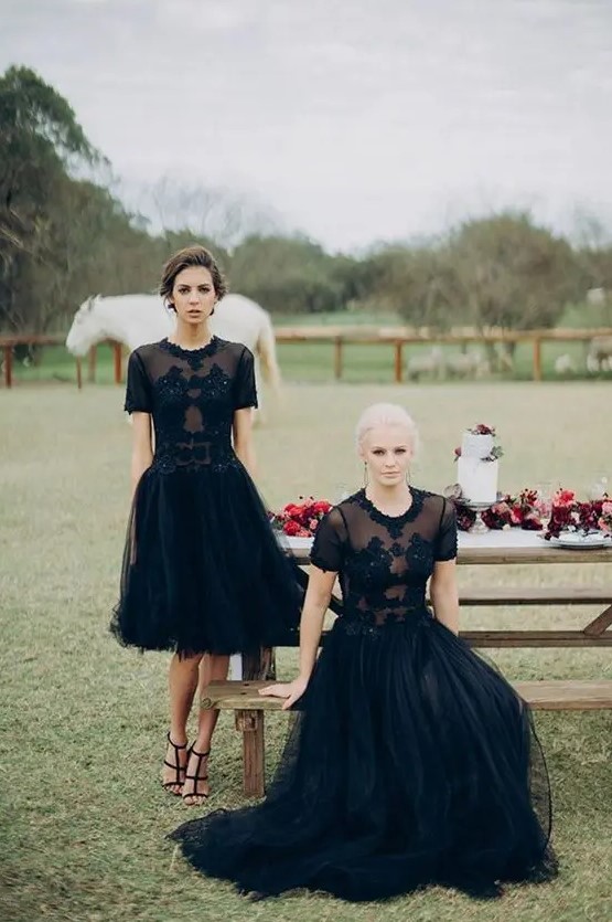 a midi and maxi A-line black bridesmaid dress with lace appliques and embellishments for Halloween