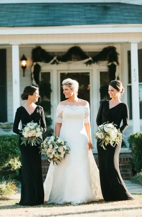Black fitting maxi bridesmaid dresses with long sleeves, draped bodices and V necklines are classics for fall or winter weddings