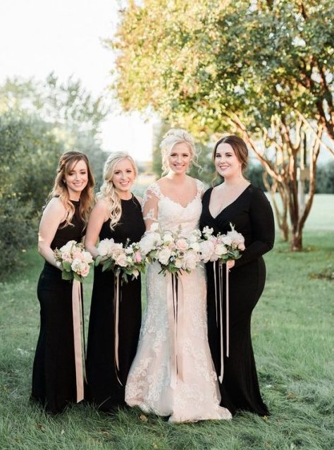 black halter neckline sheath dresses and a sheath V-neckline one with sleeves for the maid of honor