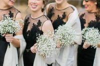 black illusion neckline dresses with ivory pashminas for an elegant and timeless look at a winter wedding