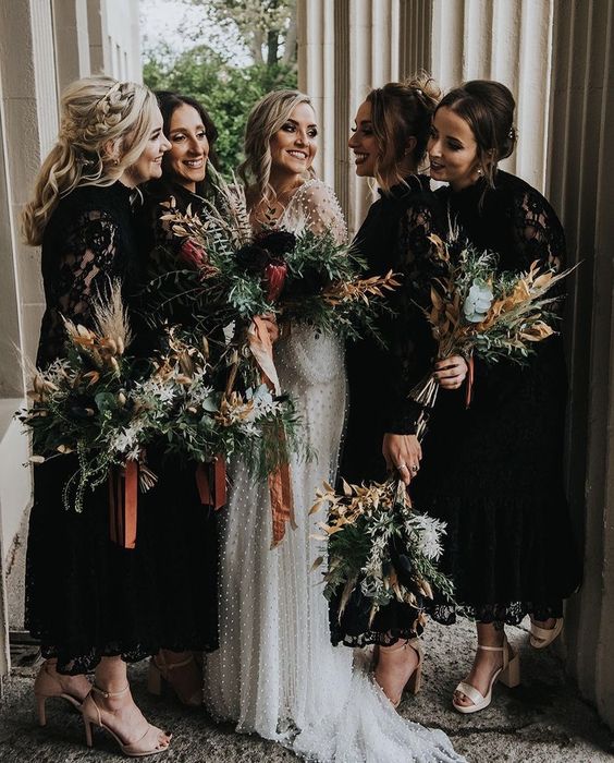 black lace midi bridesmaid dresses with high necklines, mismatching shoes for a modern and chic boho wedding