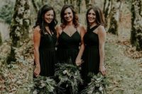 chic mismatched black bridesmaid dresses with draped bodices for a moody wedding