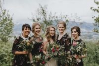 cool mismatching dark floral bridesmaid dresses of various lengths and looks