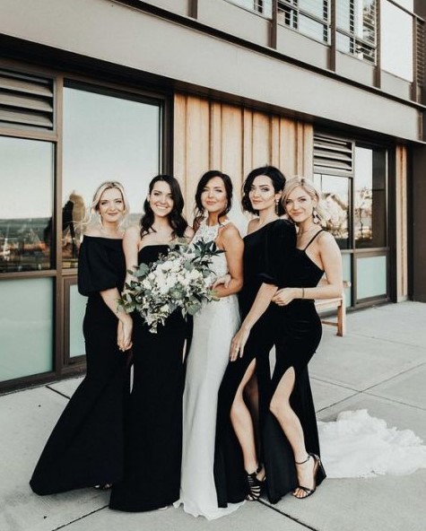 gorgeous mismatched black velvet bridesmaid dresses with slits will do for a fall or winter wedding
