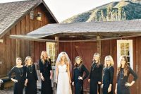 long sleeve black plain bridesmaid dresses paired with mismatching shoes and with statement necklaces