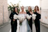 lovely black midi bridesmaid dresses with one shoulder neckline and a single long sleeve, black shoes for a formal wedding