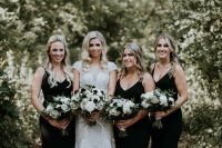 lovely maxi black mermaid bridesmaid dresses with straps and V-necklines are amazing for a modern wedding or a boho one