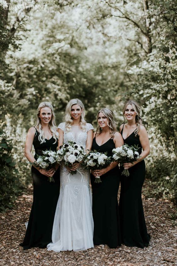 Lovely maxi black mermaid bridesmaid dresses with straps and V necklines are amazing for a modern wedding or a boho one