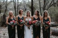 matching midi black bridesmaid dresses with spaghetti straps, black strappy shoes are amazing for modern or boho weddings