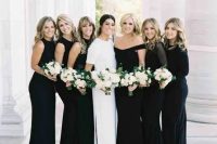 mismatched black bridesmaids’ maxi dresses and a modern bride in crispy white