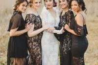 mismatching black lace bridesmaid maxi dresses with various necklines, lengths and designs are amazing