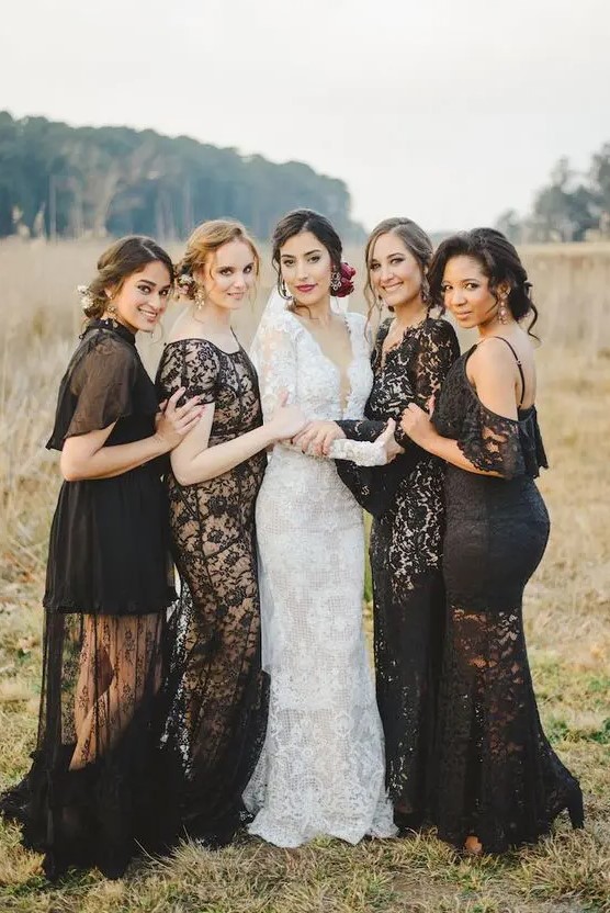 mismatching black lace bridesmaid maxi dresses with various necklines, lengths and designs are amazing
