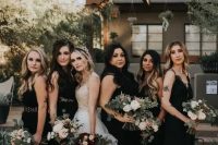 mismatching black maxi and midi bridesmaid dresses of lace and plain fabric and black shoes for Halloween