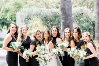 mismatching black mermaid bridesmaid dresses of plain fabric are adorable for a chic and glam wedding