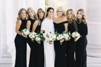 mismatching black mermaid maxi bridesmaid dresses are perfect for a modern and elegant weddings