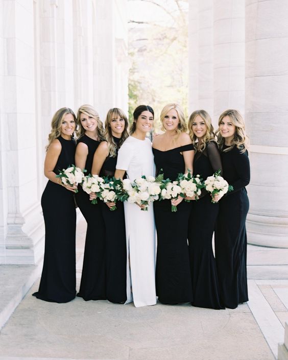 mismatching black mermaid maxi bridesmaid dresses are perfect for a modern and elegant weddings