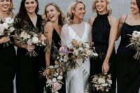 mismatching black midi bridesmaid dresses, black shoes for a stylish modern bridal party look, it’s a great idea