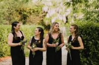 mismatching black plain and lace maxi bridesmaid dresses with various designs are fantastic and very elegant