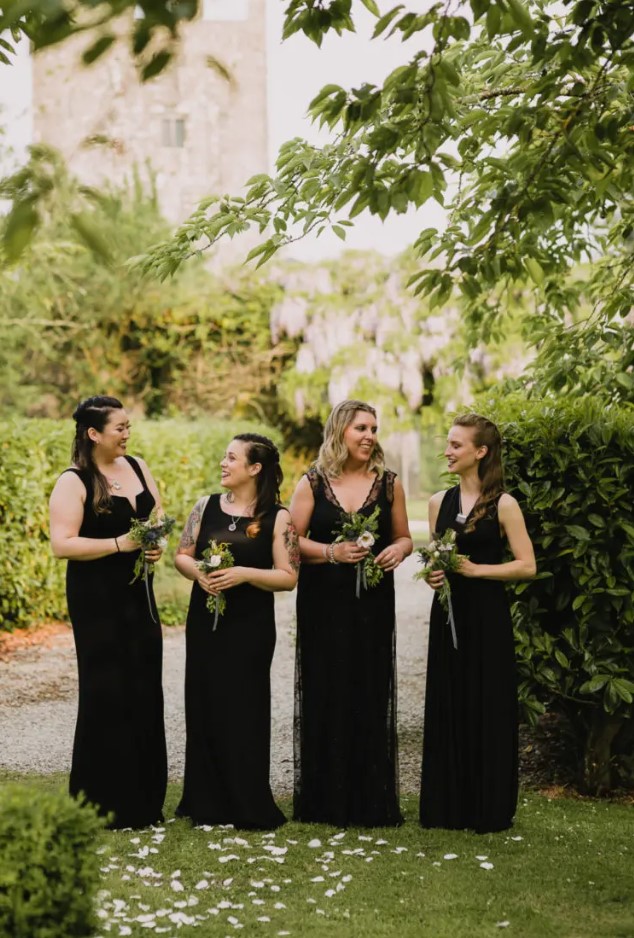 mismatching black plain and lace maxi bridesmaid dresses with various designs are fantastic and very elegant