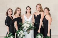 mismatching maxi black bridesmaid dresses are great for a stylish modern bridal party look