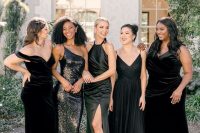 mismatching maxi black bridesmaid dresses, plain ones, of velvet and sequin covered are great for a glam and chic modern wedding