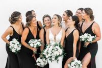 pretty and chic black mermaid bridesmaid dresses with side slits and strappy black shoes for a chic and sexy look