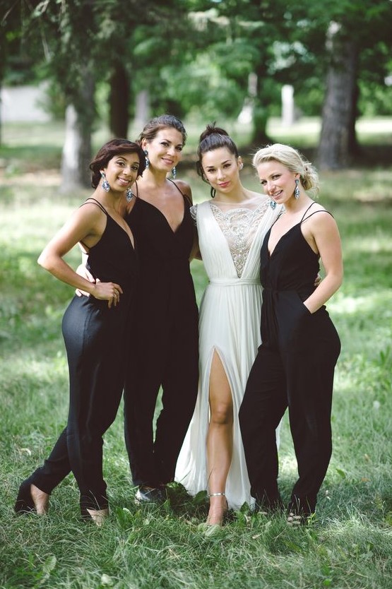 Sexy black bridesmaid jumpsuits with spaghetti straps and deep V necklines plus black shoes