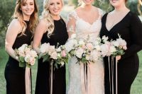 stylish black maxi bridesmaid dresses, halter neck ones and a V-neckline with long sleeves are perfect for a fall wedding