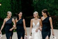 stylish modern one shoulder plain maxi bridesmaid dresses with slits and silver shoes are a perfect combo for a modern wedding