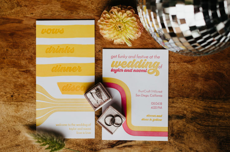 The wedding stationery was done in bright colors and with cool prints inspired by the 70s