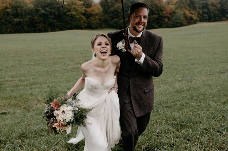 The groom was wearing a brown tweed three-piece suit and a bow tie