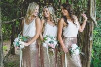 03 bridesmaids’ separates with white strap tops and blush sequin maxi skirts for a relaxed and chic look