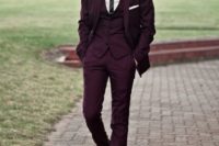 04 a burgundy three-piece suit with a striped tie is a great take on more formal wear