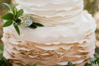05 a cool ombre white to tan ruffle wedding cake decorated with seeded eucalyptus