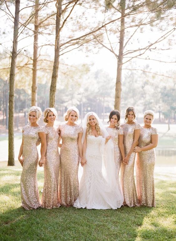 blush sequin sheath bridesmaids' dresses with cap sleeves are a very glam idea
