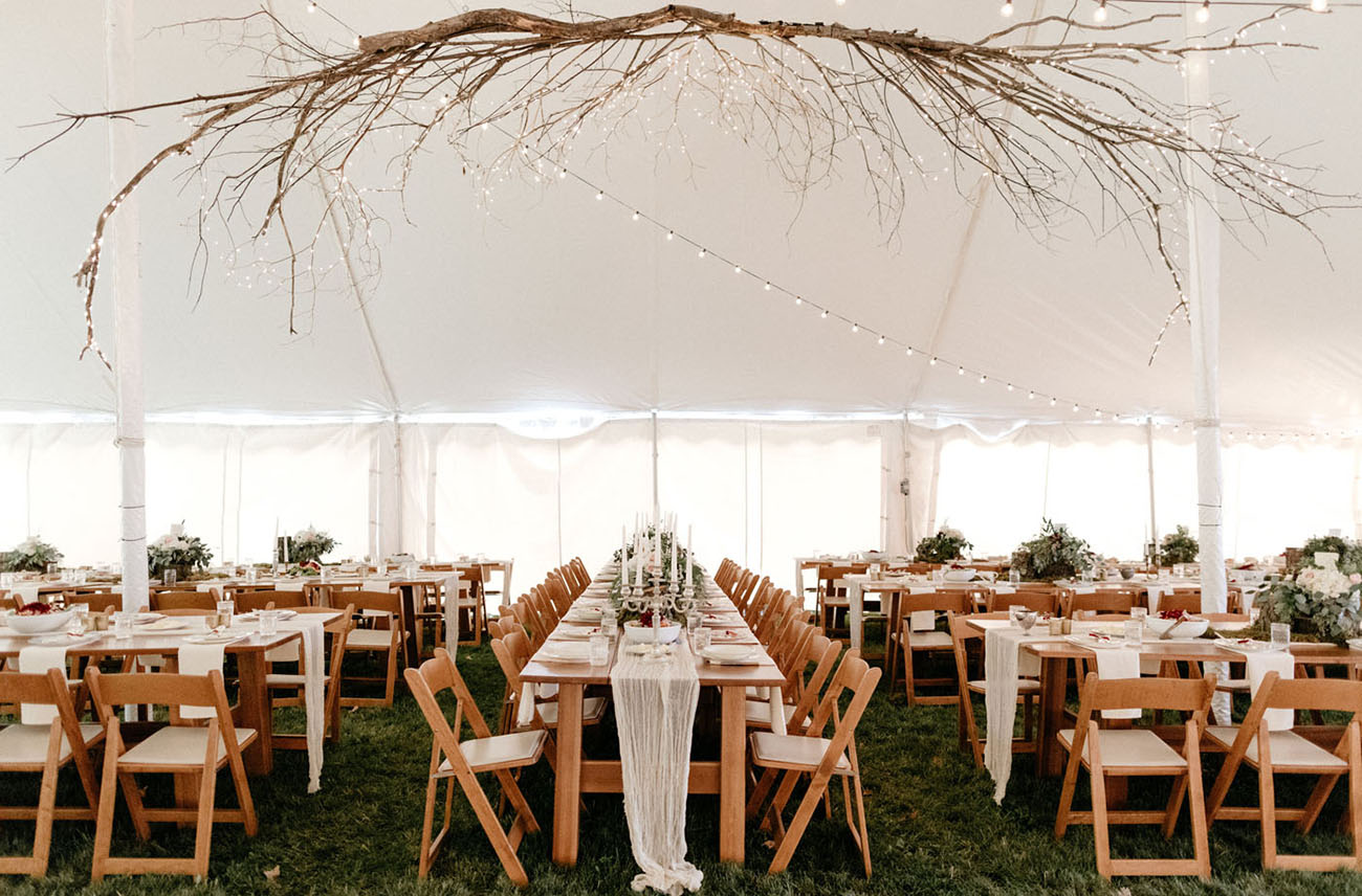 The reception took place in a tent, there was a large branch chandelier with lots of lights