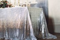 08 a chic silver sequin tablecloth and gold accents for a glam wedding table setting