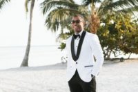 08 a glam formal look with a white tux with black detailing and black moccasins