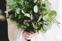 08 a stylish wedding bouquet with ferns and seeded eucalyptus looks very chic and very textural