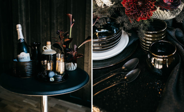 Chic metallic mugs, black porcelain and touches of glitter added elegance to the tablescape