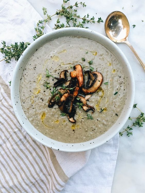 creamy mushroom and thyme vegan soup is a hearty idea to start a dinner with