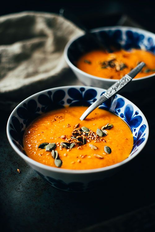 butternut squash soup with roasted tomatoes and bell peppers is a hearty and warming up option