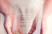 12 a glam acrylic invitation with gold glitter and a geometric shape