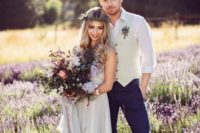 12 a relaxed lavender wedding dress and a matching groom’s look with a waistcoat and navy pants