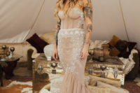 12 a strapless blush heavily embellished mermaid wedding dress with a train will make a bold statement