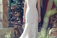 13 a boho lace strapless sheath wedding dress in blush is a chic idea for a romantic and free-spirited bride