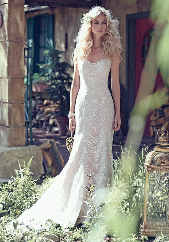 a boho lace strapless sheath wedding dress in blush is a chic idea for a romantic and free-spirited bride
