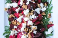 14 roasted beetroot salad with goat cheese, walnuts and garlic is ideal as a side dish for a barbecue