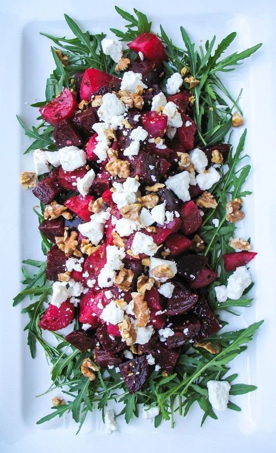 roasted beetroot salad with goat cheese, walnuts and garlic is ideal as a side dish for a barbecue